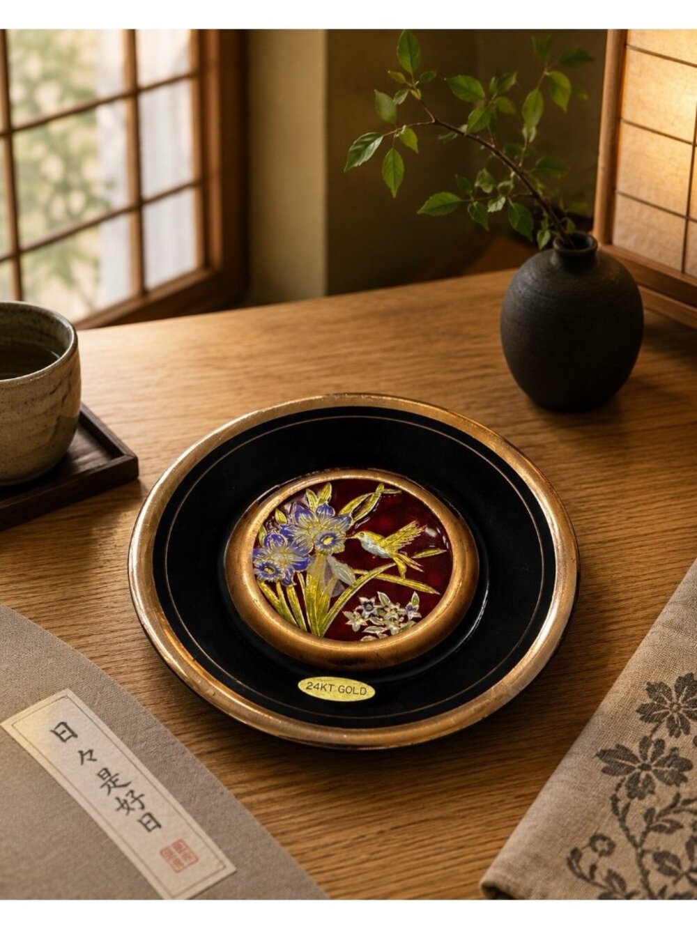 Vintage Chokin 24KT Gold Hummingbird Floral Decorative Plate Made in Japan